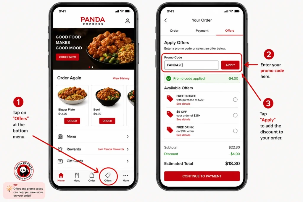 Applying a Panda Express coupon code in the app