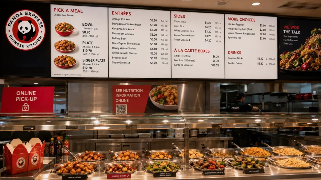 Panda Express menu board with prices for bowls, plates and bigger plates